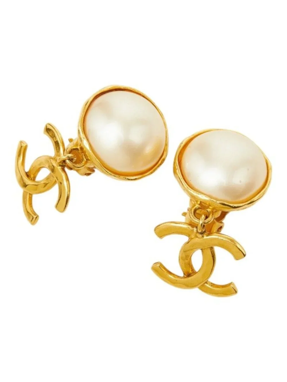 Chanel CC Logo Vintage Swing Earrings 95 Gold Plated Faux Pearl